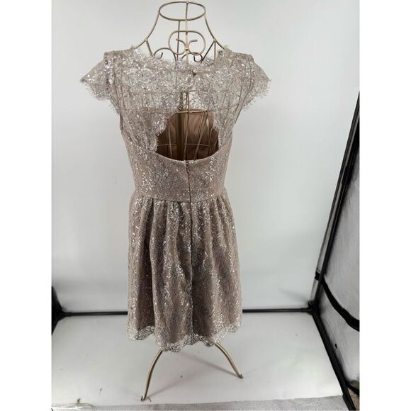 Aidan Mattox Metallic Lace Short Dress Size 2 Silver Blush Pockets Evening - Picture 7 of 12